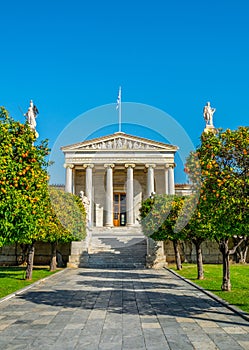 Building of the modern Academy of Athens, the highest research establishment of the country located in Panepistimio is