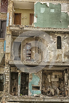 The building of a multi-storey residential building after being hit by a rocket. Borodyanka. Ukraine.