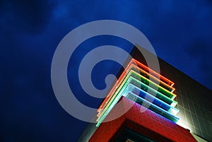 Building neon lights at dusk