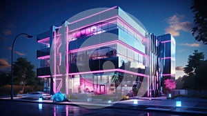 A building with neon lights on the side of it. Generative AI image.