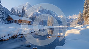 a house is sitting next to a river in the middle of a snowy forest