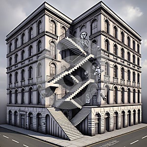 A building with never-ending staircase, street, banksy art, 3D, optical illusions, twisting reality