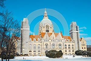 Building of the new city hall of the city of Hanover against clear blue sky on a winter day.