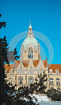 Building of the new city hall of the city of Hanover against clear blue sky on a winter day.