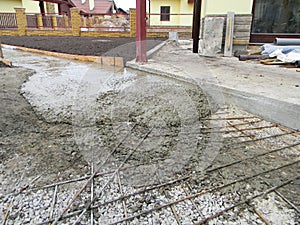 Building new concrete pavement for paio. Foundation for paving. photo