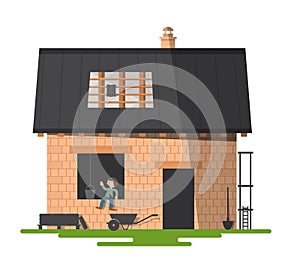 Building a New Family House. Vector Construction Illustration with Bricks