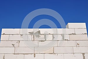 Building New House Bricklaying from Autoclaved Aerated Concrete Blocks Wall