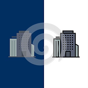 Building, Office, American  Icons. Flat and Line Filled Icon Set Vector Blue Background