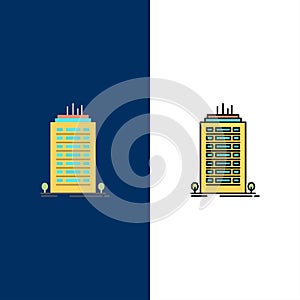 Building, Office, Skyscraper, Tower  Icons. Flat and Line Filled Icon Set Vector Blue Background