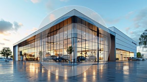 Building of official luxury car dealer and service. Glass Office.