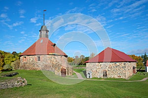 The building of the old Arsenal and the Round tower of the fortress Korela. Priozersk, Leningrad region