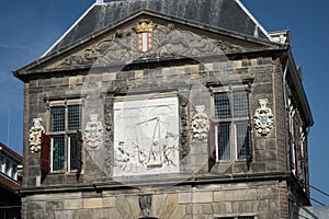 Facade of the Old Weigh House De Waag, a museum at Market Square in Gouda, Holland.