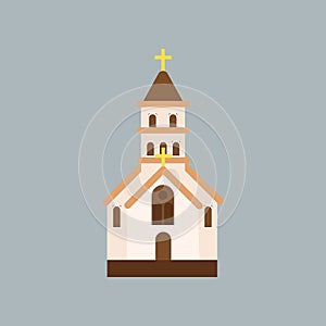 Building of Orthodox church. Catholic temple with arched windows and golden cross on roof. Religious architecture