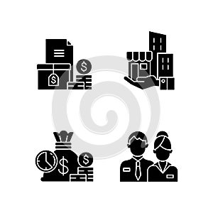 Building ownership black glyph icons set on white space