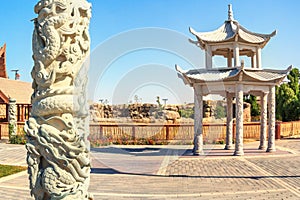 Building of the pagoda in the Asian location of Dubai Safari Park