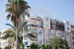 Building and palm trees