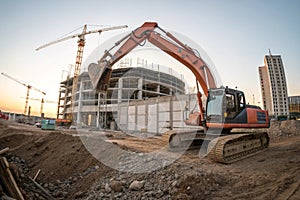 Building panorama with excavator in foreground