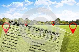 Building permit written in French - PERMIS DE CONSTRUIRE - with vacant land available for building construction