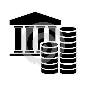 Building with pillars, round metal money and piles, stacks of metal coins, symbol of economy growth, profit, wealth, treasure