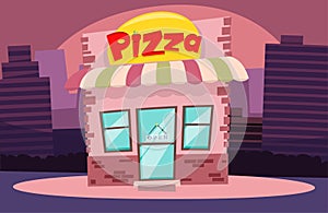 building or pizzeria facade flat cartoon pizza shop