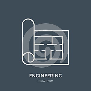 Building plan vector flat line icon. Architecture logo. Illustration of architectural drawing. Engineering survey