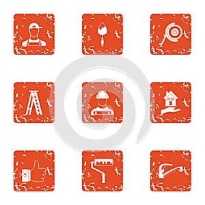 Building plot icons set, grunge style