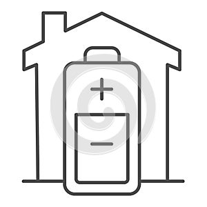 Building and power battery thin line icon, smart home symbol, electricity generation facilities vector sign on white