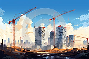 Building progress Construction site with cranes, under construction, vector illustration