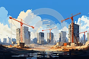 Building progress Construction site with cranes, under construction, vector illustration