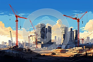 Building progress Construction site with cranes, under construction, vector illustration