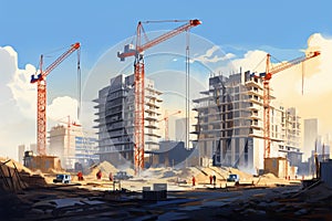 Building progress Construction site with cranes, under construction, vector illustration