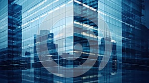 Building reflection in office windows at night cityscape