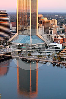 Building reflections in river