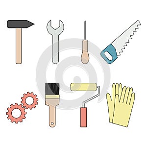 Building and repair tools set, doodle style vector
