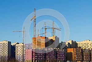 The building of a residential district of multi-storey houses with elevating cranes of yellow color on a background of blue sky