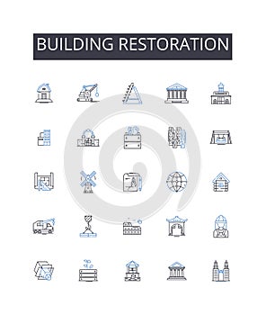 Building restoration line icons collection. Cozy, Snug, Homey, Warm, Inviting, Soft, Relaxed vector and linear