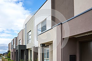 The building of a row of residential modern townhouses in an Australian suburb. Some suburban homes in Melbourne, VIC Australia