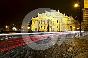 The building of Rudolfiunum concert halls on Jan Palach Square in Prague, Czech Republic Night view.