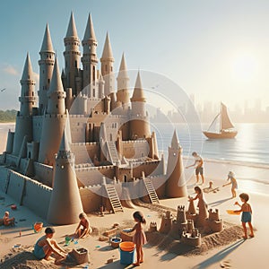 Building sandcastles at the beach, photorealistic v