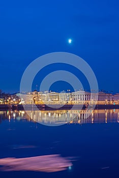 The building of the Senate and Synod on the English embankment of the Neva early in the morning under the moon