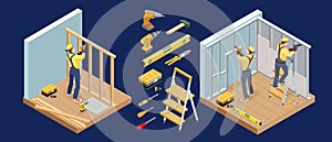 Building services. Isometric interior repairs concept. Carpenter, tools. Vector.