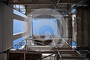 building shaft is scaffolded on a construction site