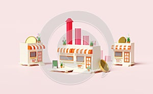 Building shop store cafe with arrow,bar graph,coins,storefront sign,flowerpot isolated on pink  background.startup franchise