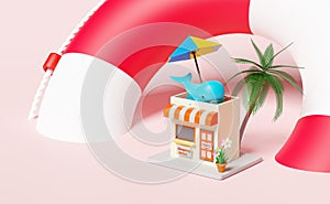 Building shop store front with umbrella,lifebuoy,palm,cart,whale,crab,pool isolated on pink background.online shopping summer sale