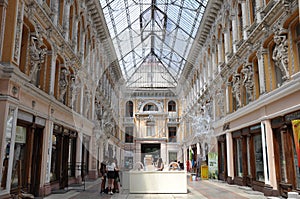 The building of the shopping center `Passage`. It is located on the corner of the streets of Preobrazhenskaya and Deribasovskaya.