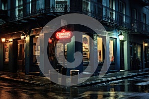 A building showcasing a brightly lit neon sign on its front wall, A moody jazz club in New Orleans, AI Generated