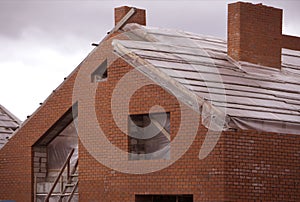 Building site with new homes under construction .