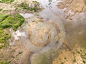 Building site is ready to construction of the new building. sandy soil background. aerial view