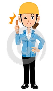 Building site worker woman blue work clothes thumbing up