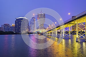 Building and the skyline of Macau city at night